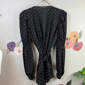 Zara Basic Black Polka Dot Tied Waist Blouse - Size - XS